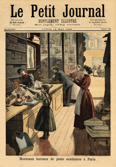 Las nuevas oficinas de correos auxiliares en París, algunos negociadores abren un mostrador de servicio postal, paralelo a sus actividades comerciales. Grabado en "Le petit journal" 14/05/1894. Colección Selva de Unknown artist