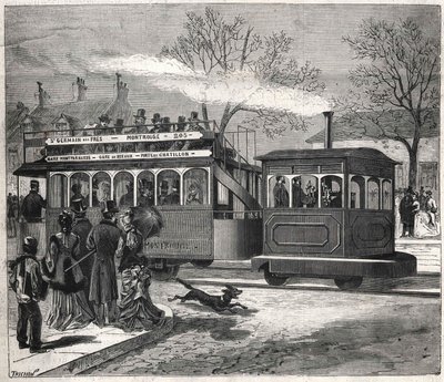 Los nuevos tranvías a vapor en París en 1876 circulando en la línea de Saint-Germain-des-Prés en la puerta de Chatillon, grabado Colección Bianchetti. de Unknown artist