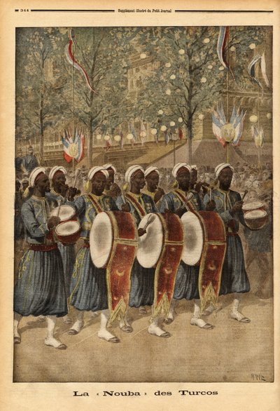 La nuba de los Turcos de Argelia, caminando por las calles de París. Grabado en “Le petit journal” 25/10/1896. Colección Selva. de Unknown artist