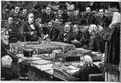 El juramento del diputado inglés Charles Bradlaugh (1833-1891) en la Cámara de los Comunes el 21 de febrero de 1882, un militante por el ateísmo, se negó a tomar el juramento religioso tradicional necesario para ocupar su escaño en el parlamento. Aquí repr de Unknown artist