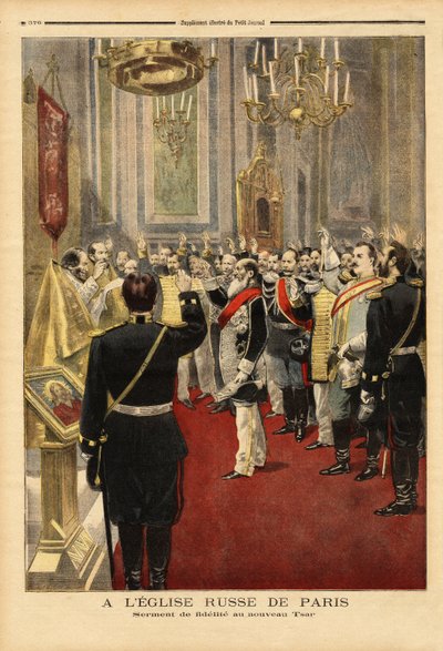 El juramento de fidelidad al nuevo zar Nicolás II (1868-1918), en la catedral de San Alejandro Nevski, rue Daru, París. Grabado en “Le petit journal” 18/11/1894. Colección Selva. de Unknown artist