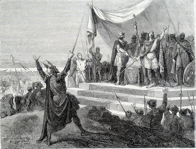 El juramento de los dos hermanos ante su armadura: Carlos II el Calvo y Luis II el Germánico juran contra Lotario I (Juramentos de Estrasburgo 842) de Unknown artist