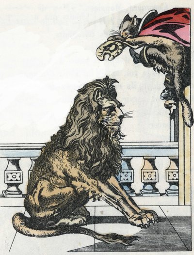 El ogro se convierte en león a petición del Gato con botas. Ilustración del cuento "El gato con botas" de Charles Perrault de Unknown artist
