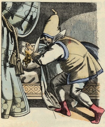 El ogro corta la cabeza de sus siete hijas pensando en matar al pequeño Poulet y sus hermanos. Ilustración del cuento “Le Petit Poucet” de Charles Perrault de Unknown artist