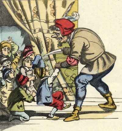 El ogro toma a un niño con la intención de devorarla. Ilustración del cuento "Pulgarcito" de Charles Perrault de Unknown artist