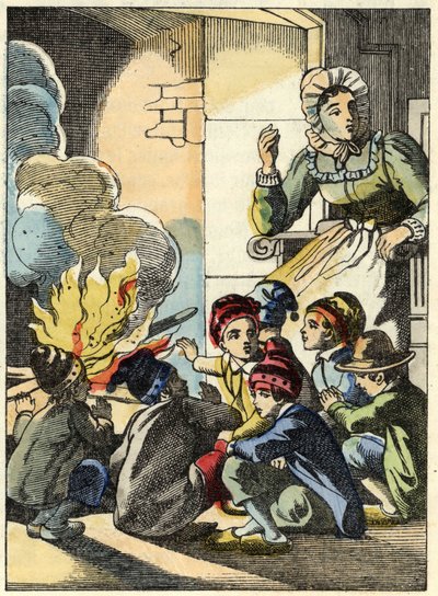 La esposa del ogro calienta al pequeño Poucet y sus hermanos con un fuego. Ilustración del cuento “Le Petit Poucet” de Charles Perrault de Unknown artist