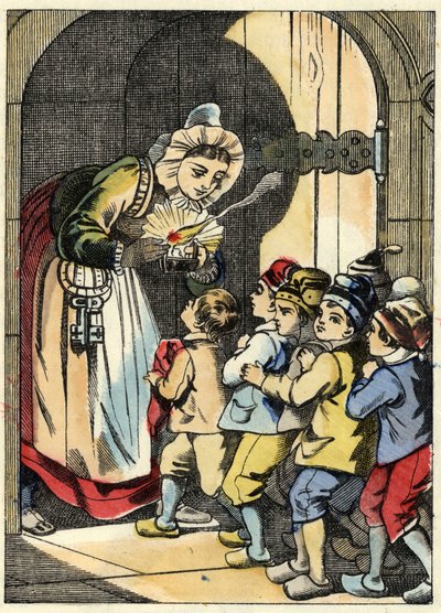 La esposa del ogro abre la puerta al pequeño Poucet y sus hermanos. Ilustración del cuento “Le Petit Poucet” de Charles Perrault de Unknown artist
