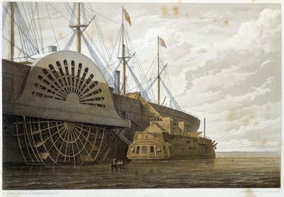 La vieja fragata con su carga de cable junto al "Great Eastern" en Sheerness - en "El telégrafo atlántico" de W. H. Russel, ca. 1860 de Unknown artist