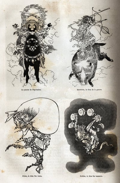 El panteón de divinidades japonesas: representación tradicional de algunas figuras típicas: el patrón de la equitación; Marisiten, el dios de la guerra; Futen, el dios de los vientos; Raiden, el dios del trueno. Grabado para ilustrar el viaje a Japón en 18 de Unknown artist