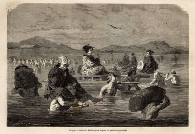 El paso de un vado, con presentación de los modos de transportar pasajeros y equipaje. Grabado para ilustrar el viaje a Japón, en 1863-1864, por Aime Humbert, ministro de la Confederación Suiza, en "Le tour du monde, nouveau journal des voyages" de Unknown artist