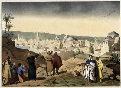 Los peregrinos llegan a la ciudad de Jerusalén. Grabado anónimo de mediados del siglo XIX - en "Gran Catecismo de Familias". de Unknown artist