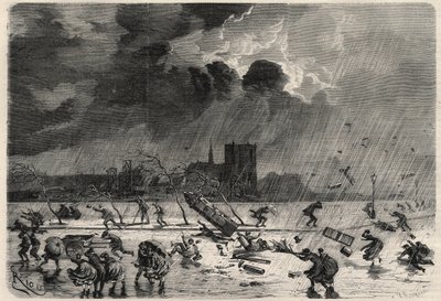 El muelle en la esquina del puente Saint Michel en París durante el huracán del 8 de marzo. Grabado en “L