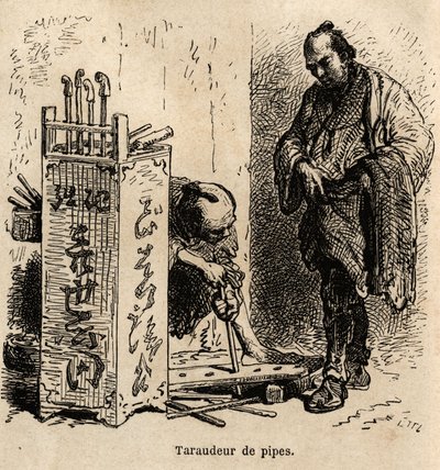 La máquina de golpear pipas en su taller, la usa para golpear las pipas una simple tabla perforada con agujeros de tamaño desigual, fijada en espiral de hierro. Grabado para ilustrar el viaje a Japón, por Aime Humbert, ministro de la Confederación Suiza, e de Unknown artist