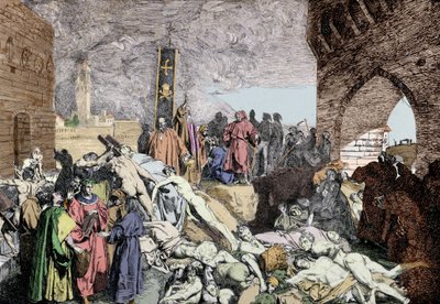 La peste de 1348 en Florencia (Italia). En la parte inferior izquierda, con una corona de laurel, Petrarca, poeta y humanista italiano del Renacimiento, habla con otras personas de Unknown artist