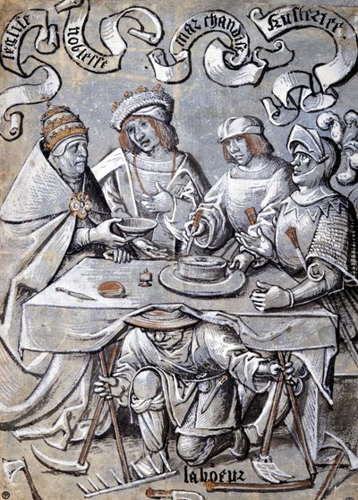 El papa, la nobleza, los comerciantes y el ejército conspirando a espaldas del pueblo (un campesino) - Caricatura antipapista de Unknown artist