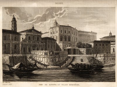 El puerto de Ripetta y el Palacio Borghese en Roma, grabado por Ch. de Vene, en 
