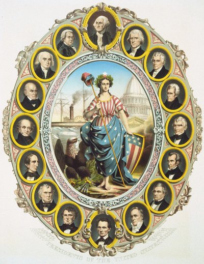 Los presidentes de los Estados Unidos con el símbolo de América en el medio. Arriba, Washington y abajo Abraham Lincoln. Póster publicado en la inauguración de la presidencia de Lincoln en 1861. Grabado de 1861 de Unknown artist