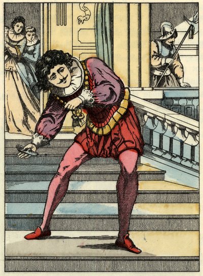 El príncipe recoge el zapato de cristal de Cenicienta. Ilustración del cuento de Charles Perrault “Cenicienta o La pequeña zapatilla de cristal”. de Unknown artist