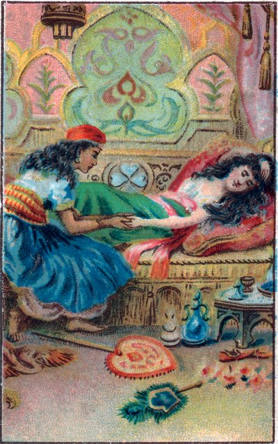 La princesa se desmaya. Cuento “Historia del caballo encantado” en “Las mil y una noches” (las 1001 noches o Le mille e una notte, Arabian Nights). Cromolitografía de finales del siglo XIX. de Unknown artist
