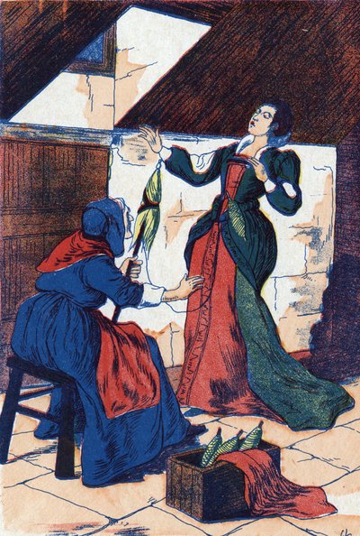 La princesa se pincha la mano y se duerme. Ilustración anónima para “La bella durmiente”, cuento de Charles Perrault (1628-1703), escritor francés. Imágenes Marcel Vagne, Jarville Nancy, sin fecha (finales del siglo XIX). de Unknown artist