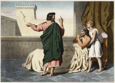 El profeta Isaías (o Isaías) anuncia su curación a Ezequías: la señal será retroceder la sombra del reloj diez grados en el dial de Acaz (Achas). Grabado anónimo de mediados del siglo XIX. de Unknown artist