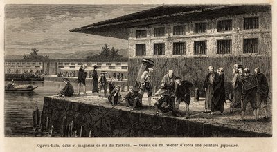 El muelle y los almacenes de tiendas de arroz en Taikoun (soberano de Japón), en el río Ogawa (que cruza Edo, actual Tokio). Grabado para ilustrar el viaje a Japón, por Aime Humbert, ministro de la Confederación Suiza, en 1863-1864. de Unknown artist