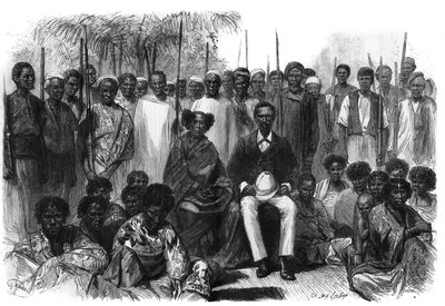 La reina de los Sakalaves, Anarina y su esposo de origen howa, bajo la protección de Francia durante la expedición de Madagascar. Grabado en "Le Monde Illustré" de Unknown artist