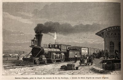El ferrocarril en la estación de Omaha (Nebraska), el punto de partida de las líneas que conducen al Pacífico. Grabado para ilustrar el viaje al lejano oeste americano, por M. L. Simonin, en 1867, publicado en "Le tour du monde, nouveau journal des voyages de Unknown artist