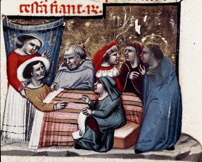 La repetición del testamento al lado del enfermo Miniatura del Código de Justiniano (Codex Justinianus) de Unknown artist