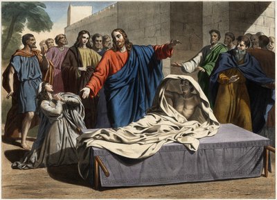 La resurrección del hijo de la viuda de Naín: Jesucristo resucita al único hijo de la viuda. Grabado de mediados del siglo XIX. de Unknown artist