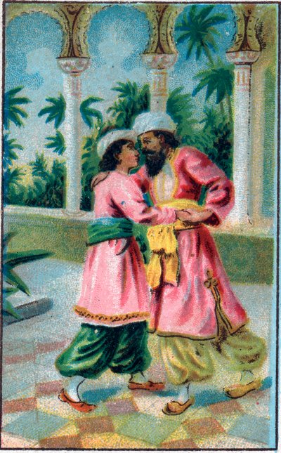 El regreso del príncipe. Cuento “Histoire du cheval enchante” en “Les mille et une nuits” (las 1001 noches). Cromolitografía de finales del siglo XIX. de Unknown artist