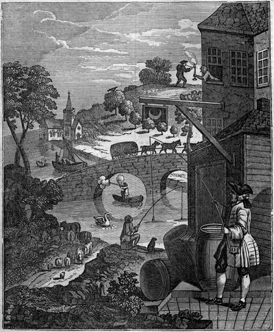 La perspectiva ridícula. Ilustración satírica de William Hogarth (1697-1764) que se burla del arte de la perspectiva de los pintores proponiendo niveles de plano de objetos y personas imposibles en la realidad debido a las distancias. de Unknown artist