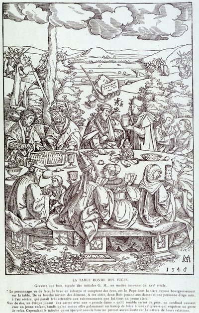 La mesa redonda de los vicios: juego, avaricia, lujuria, orgullo... - Grabado de 1546 de Unknown artist