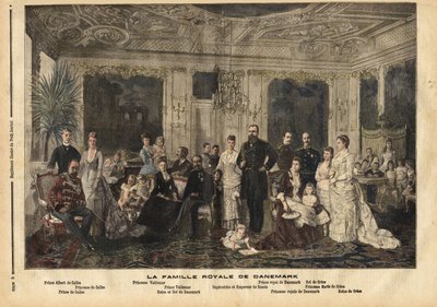La familia real de Dinamarca, sentados en el centro, la Reina Luisa de Hesse-Kassel (1817-1898) y el Rey Christian IX de Dinamarca (1818-1906) apodado “el apuesto padre de Europa” porque casó a varios de sus hijos con herederos de las grandes familias real de Unknown artist