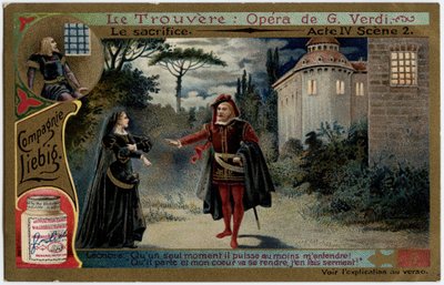 El acto de sacrificio IV escena 2. Ilustración para la ópera “Il trovatore” de Giuseppe Verdi (1813-1901). Cromolitografía (Chromo) Liebig de finales del siglo XIX. de Unknown artist