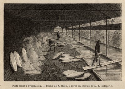 Los pozos de sal de Ho-Boung, las galerías abiertas en la ladera de la montaña, de 20 metros de profundidad, están sostenidas por marcos de madera, el agua es llevada por conductos de bambú a pilas de mármol, cada una correspondiente a un horno, donde se c de Unknown artist