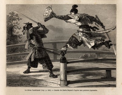 El samurái Yashitsune en equilibrio sobre la barrera de un puente, ataca a un samurái con armadura. Grabado para ilustrar el viaje a Japón, en 1863-1864, por Aime Humbert, ministro de la Confederación Suiza, en "Le tour du monde, nouveau journal des voyage de Unknown artist