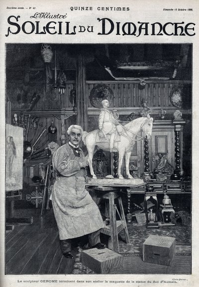 El escultor Jean Léon (Jean-Léon) Gérôme (1824-1904) termina en su estudio el modelo de la estatua del Duque de Aumale - Grabado en "Le sun-du-dimanche", 15 de octubre de Unknown artist