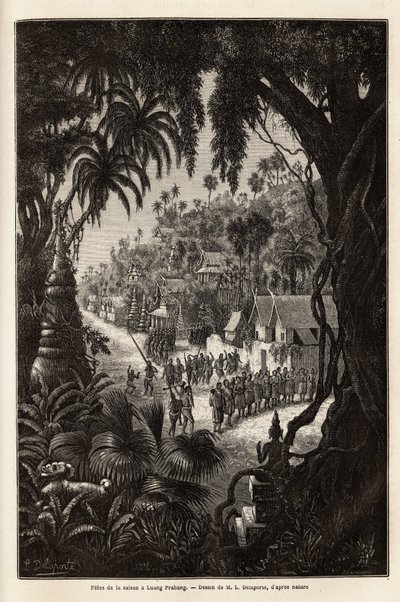 Las celebraciones de la temporada en Luang Prabang, capital real de Lan Xang (reino de los millones de elefantes) (actual Laos), consisten en una procesión de los habitantes y una pagoda de adoración por toda la ciudad. Grabado para ilustrar un viaje de ex de Unknown artist