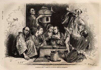 El servicio de sake, es lo más ceremonial en los banquetes, el sake se trae en grandes ollas lacadas o latas de bronce, colocadas en una barra de bambú, calentadas en un baño de porcelana; los cortes de materiales y diversos tamaños están ricamente decorad de Unknown artist