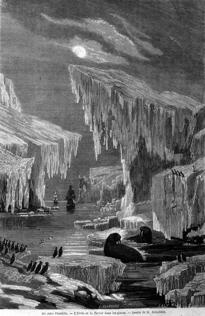 Los barcos “Erebus” y “Terror” durante la expedición dirigida por Sir John Franklin (1786-1847) en el hielo. Grabado del siglo XIX de Unknown artist