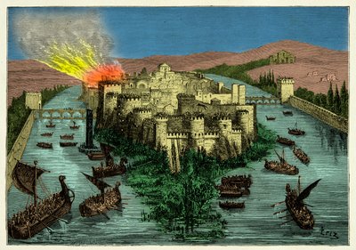 El asedio de París en 845 por los vikingos con Ragnar Lodbrok a la cabeza. Grabado del siglo XIX de Unknown artist