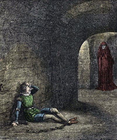 El espectro de la torre - El prisionero encadenado en una mazmorra ve un fantasma delante de él. Ilustración para "La torre de Londres" de William Harrison Ainsworth, siglo XIX de Unknown artist