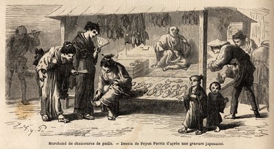 El sello de un vendedor de zapatos de paja, con diferentes clientes, una mujer que prueba un par con sus amigas, y un padre que cuida a su hijo. Grabado para ilustrar el viaje a Japón, en 1863-1864, por Aime Humbert, ministro de la Confederación Suiza de Unknown artist