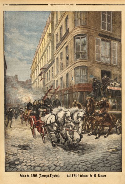 La bomba de vapor y los vehículos de los bomberos en París, según una pintura de Mr. Busson. Grabado en "Le petit journal" 3/05/1896. Colección Selva de Unknown artist