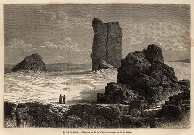 Las ruinas con fachada de Birs Nimroud, que la comunidad turística de Bagdad (Irak) en ese momento, identifica como la mítica torre de Babel. Grabado para ilustrar el viaje a Babilonia, en 1866, por Guillaume Lejean, en 
