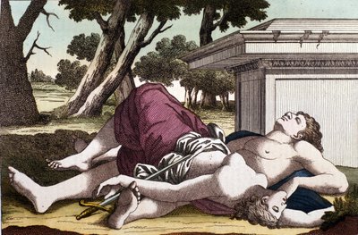 El suicidio de Píramo bajo el moral y la muerte de Tisbe. Convencido de que la leona había devorado a Tisbe, Píramo se suicida y cubre las moras blancas con su sangre. Tisbe, escondida para escapar de la leona, encuentra a su amor muerto y se suicida de Unknown artist