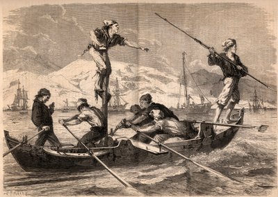 La pesca del pez espada en la costa de Sicilia en Italia en 1862. Grabado en “Le Monde illustré” de 1862. Colección privada. de Unknown artist
