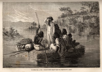 El tankoa, una especie de balsa rectangular que puede llevar de 6 a 8 personas, consiste en botas de paja firmemente atadas, este bote sirve como ferry y se establece en puestos fijos para cruzar el Goumara (Río Perú). Dibujo de Emile Bayard, para ilustrar de Unknown artist