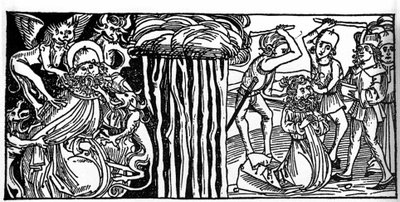 Las tentaciones de San Antonio el Grande (o San Antonio el Ermitaño o San Antonio el Abad), y a la derecha su martirio. Grabado de “Leben der Heiligen - sommerteil” (El libro de los santos) de Jacobus (James) de Voragine (1228-1298) de Unknown artist